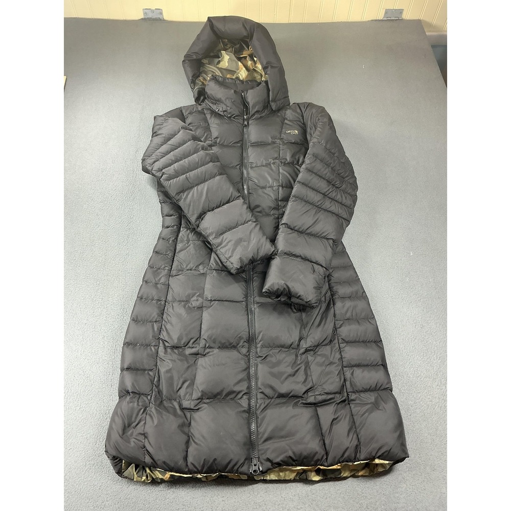 The North Face Coat Womens S Black Long Puffer Hooded Down Quilted Camo Lined
